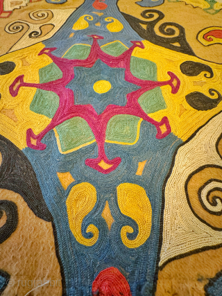 A fantastic antique Uzbek Lakai tribe silk embroidered talismanic ilgich hanging fragment dating to the 19th century. These bridal embroideries were made as dowry offerings and hung on yurts / tents as  ...