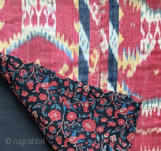 An exceptional Antique early to mid 19th century Uzbek Adras Ikat quilted hanging from Bokhara / Bukhara region. It is a haft rang / seven colour Ikat which is considered the highest  ...