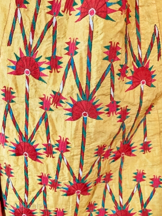 An outstanding antique Tekke Turkoman / Turkmen silk embroidered on silk yellow Chyrpy ( Cherpi / Chirpi / Chyrpi ), dating to mid 19th Century or even older. The Chyrpy was the  ...