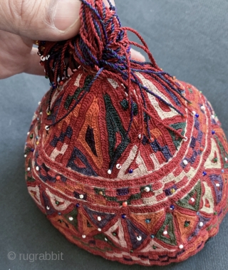 An excellent and very unusual silk embroidered antique hat made by the Turkoman / Turkmen Ersari tribe. This rare piece dates to the late 19th century and is fully silk embroidered. The  ...