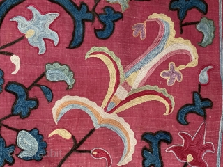 An outstanding silk on silk embroidered antique Uzbek suzani / susani from the rural Shahrisaz regions of Uzbekistan. For its type, it is a relatively older example dating to the 3rd quarter  ...