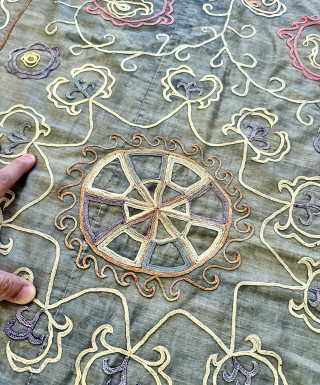 A funky antique silk embroidered Uzbek Suzani from Shahrisabz rural areas, dating between 1900-1920’s. A relatively later example but still echoes the design form of the early Shahrisabz suzanis and rather attractive  ...