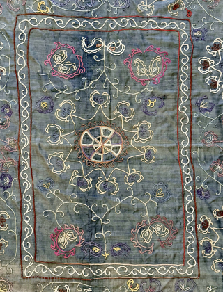 A funky antique silk embroidered Uzbek Suzani from Shahrisabz rural areas, dating between 1900-1920’s. A relatively later example but still echoes the design form of the early Shahrisabz suzanis and rather attractive  ...