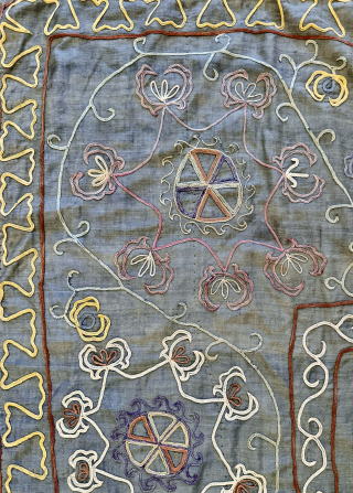 A funky antique silk embroidered Uzbek Suzani from Shahrisabz rural areas, dating between 1900-1920’s. A relatively later example but still echoes the design form of the early Shahrisabz suzanis and rather attractive  ...