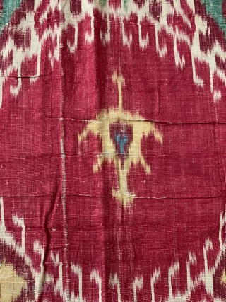 An exceptional antique Uzbek silk adras Ikat hanging from Bukhara / Bokhara. Dating between mid to third quarter of the 19th century, this is a silk warp and cotton weft Ikat (a  ...