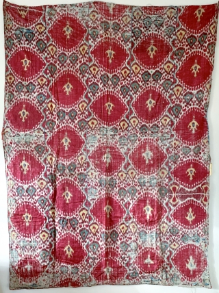 An exceptional antique Uzbek silk adras Ikat hanging from Bukhara / Bokhara. Dating between mid to third quarter of the 19th century, this is a silk warp and cotton weft Ikat (a  ...