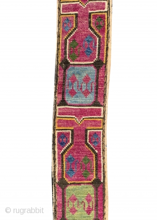 A beautiful antique silk cross-stitched belt made by the Uzbek Lakai tribe of Central Asia. This fine and functional belt, dates around early 1900's and was worn likely by a man over  ...