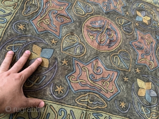 A beautiful antique Ottoman embroidery dating to 19th century with imperial inscription and calligraphy. It is made from a combination of silk, cotton and metal thread embroidered in a combination of stitches  ...