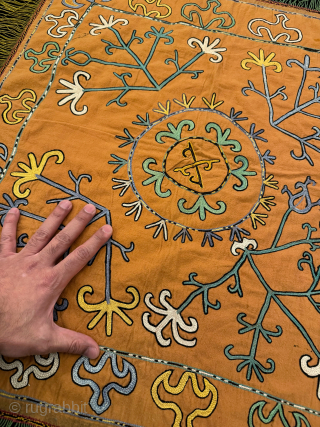 A charming antique Uzbek silk chain-stitched on beige wool / bannot fabric dating to early 1900’s. Similar to the work of Lakai tribe but it likely made by another rural tribe. Very  ...