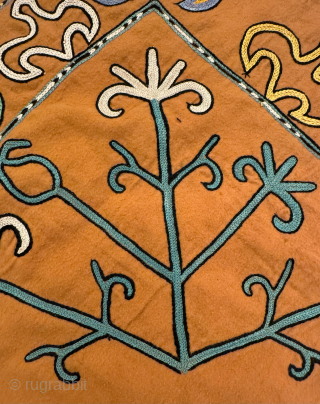 A charming antique Uzbek silk chain-stitched on beige wool / bannot fabric dating to early 1900’s. Similar to the work of Lakai tribe but it likely made by another rural tribe. Very  ...