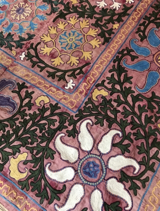 A beautiful and very decorative antique Uzbek Shahrisabz silk embroidered suzani. It dates to the late 19th century - early 1900s and it is a very unusual example. The fine polychrome silk  ...