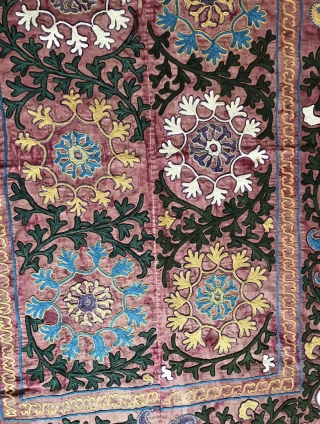 A beautiful and very decorative antique Uzbek Shahrisabz silk embroidered suzani. It dates to the late 19th century - early 1900s and it is a very unusual example. The fine polychrome silk  ...