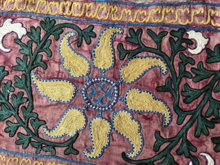 A beautiful and very decorative antique Uzbek Shahrisabz silk embroidered suzani. It dates to the late 19th century - early 1900s and it is a very unusual example. The fine polychrome silk  ...