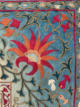 An Outstanding antique Uzbek Shahrisabz silk embroidered suzani from approx.mid 19th century. It has exceptionally fine silk chain stitched embroidery. The floral design is visually dazzling, with a central medallion surrounded by  ...