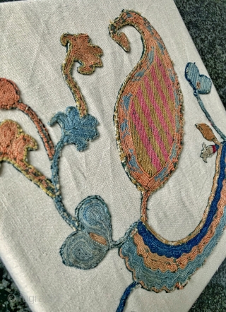 An exceptional antique Uzbek Shahrisabz silk suzani fragment (mounted on a canvas) dating between mid and third quarter of 19th century.  The elegant boteh design with branches and smaller flowers is  ...