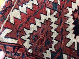 An antique fragment of an excellent Turkoman / Turkmen Yomud / Yomut Asmalyk. It has a very tight weave. Exceptional natural colours. I love the petrol. Lovely drawing. Condition is a secured  ...