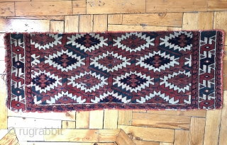 An antique fragment of an excellent Turkoman / Turkmen Yomud / Yomut Asmalyk. It has a very tight weave. Exceptional natural colours. I love the petrol. Lovely drawing. Condition is a secured  ...