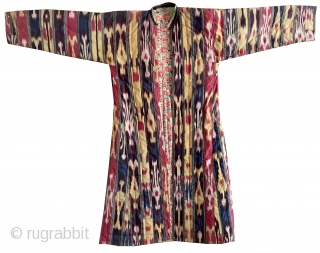 A beautiful antique Uzbek silk on silk Abr Ikat quilted Robe dating to the late 19th century. Very likely from Bukhara Bokhara, this gorgeous garment is referred to as a chapan and  ...