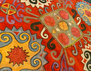 A dazzling antique Uzbek Lakai tribe silk embroidered talismanic ilgich hanging dating to the late 19th century. These bridal embroideries were made as dowry offerings and hung on yurts / tents as  ...