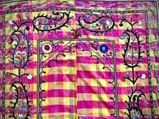 A visually dazzling antique Uzbek silk on silk nim suzani from Shahrisabz region dating to early 1900’s. It is fine silk chain stitched on a chequered silk ground. I’m not sure but  ...