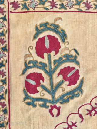 An excellent and very elegant antique 19th century Uzbek Bukhara Suzani, showcasing exceptionally fine silk embroidery on a cotton Karbos ground. Dating around 1860’s, it has exceptionally fine silk chain-stitched embroidery, near  ...