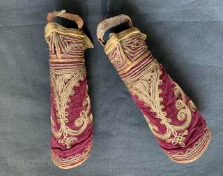 A beautiful and rare pair of antique Ottoman military rank cuffs / sleeves dating to the 19th century. It is made with gilded metal embroidery on maroon silk velvet and would be  ...