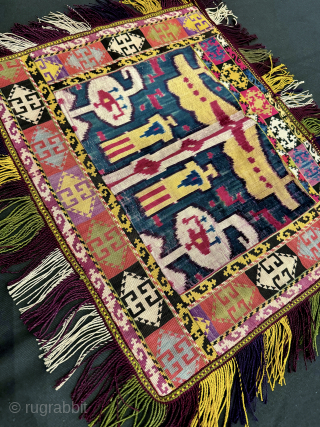 A very rare  and visually stunning antique Uzbek silk velvet Ikat ilgich / ayna khalta made in the 19th century. This is not a repurposed piece but rather an original mirror  ...