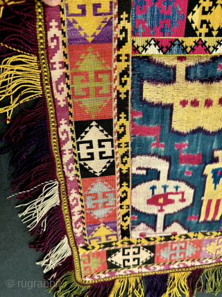 A very rare  and visually stunning antique Uzbek silk velvet Ikat ilgich / ayna khalta made in the 19th century. This is not a repurposed piece but rather an original mirror  ...