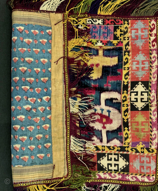 A very rare  and visually stunning antique Uzbek silk velvet Ikat ilgich / ayna khalta made in the 19th century. This is not a repurposed piece but rather an original mirror  ...