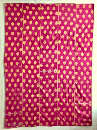 A visually dazzling antique Uzbek silk on silk Ikat hanging from Bukhara dating to third quarter of the 19th century. It is silk warp and silk weft Abr Ikat with a lovely  ...