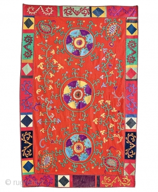 An exceptional and rare example of antique Uzbek Lakai tribe silk embroidered suzani dating to late 19th century. Often silk on coloured ground suzanis are wrongly attributed to Lakai when they were  ...