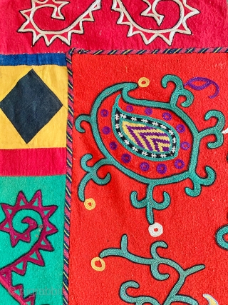 An exceptional and rare example of antique Uzbek Lakai tribe silk embroidered suzani dating to late 19th century. Often silk on coloured ground suzanis are wrongly attributed to Lakai when they were  ...