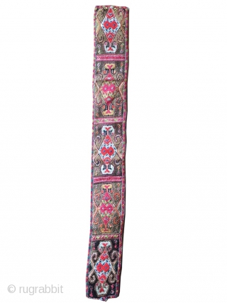 An exceptional antique Uzbek silk cross-stitched belt. It dates to the 3rd quarter of the 19th century. It is very likely attributed to the Shahrisabz region. Many often mistakenly and generically call  ...