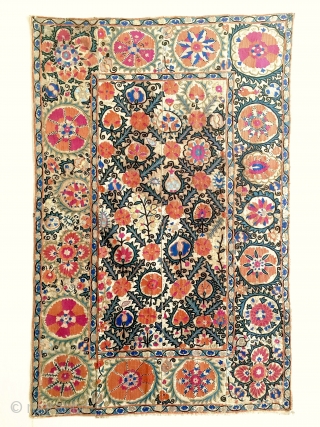 An Outstanding Antique Uzbek Bokhara Suzani / Susani dating between mid and third quarter of 19th Century.. This fine masterpiece has very fine silk embroidery in a combination of chain-stitched and basma/  ...