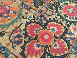 An Outstanding Antique Uzbek Bokhara Suzani / Susani dating between mid and third quarter of 19th Century.. This fine masterpiece has very fine silk embroidery in a combination of chain-stitched and basma/  ...