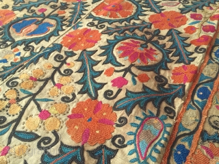 An Outstanding Antique Uzbek Bokhara Suzani / Susani dating between mid and third quarter of 19th Century.. This fine masterpiece has very fine silk embroidery in a combination of chain-stitched and basma/  ...