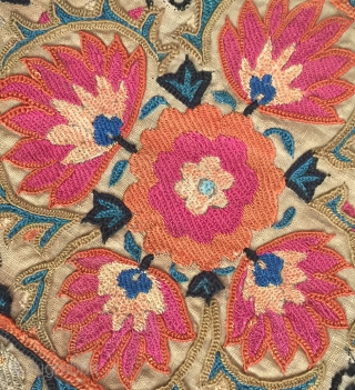 An Outstanding Antique Uzbek Bokhara Suzani / Susani dating between mid and third quarter of 19th Century.. This fine masterpiece has very fine silk embroidery in a combination of chain-stitched and basma/  ...