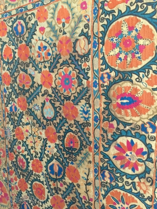 An Outstanding Antique Uzbek Bokhara Suzani / Susani dating between mid and third quarter of 19th Century.. This fine masterpiece has very fine silk embroidery in a combination of chain-stitched and basma/  ...