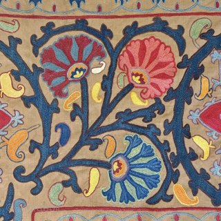An exceptional antique Uzbek silk chain-stitched suzani from Shahrisabz. It dates between mid 19th century and early 3rd quarter and it is half of what once was a remarkable mihrab ruijoy suzani. ...