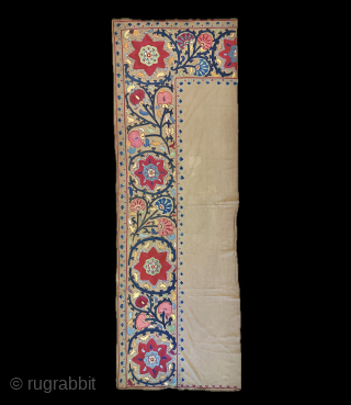 An exceptional antique Uzbek silk chain-stitched suzani from Shahrisabz. It dates between mid 19th century and early 3rd quarter and it is half of what once was a remarkable mihrab ruijoy suzani. ...