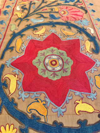 An exceptional antique Uzbek silk chain-stitched suzani from Shahrisabz. It dates between mid 19th century and early 3rd quarter and it is half of what once was a remarkable mihrab ruijoy suzani. ...