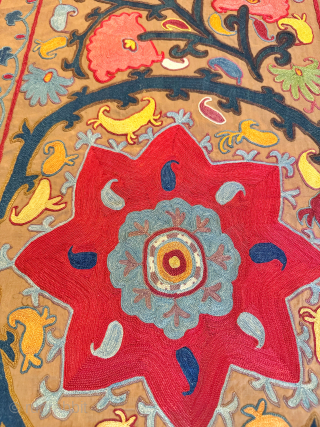 An exceptional antique Uzbek silk chain-stitched suzani from Shahrisabz. It dates between mid 19th century and early 3rd quarter and it is half of what once was a remarkable mihrab ruijoy suzani. ...