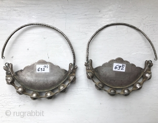 A rare antique pair of Turkmen / Turkoman gold appliqué on silver earrings attributed to the Yomud / Yomut tribes. This pair dates to the late 19th century / early 1900’s and  ...