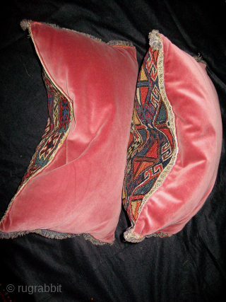 A Gorgeous Pair of Antique Shahsavan Flat weave cushions, made from 19th Century Shahsavan soumak mafrash panels. Each piece has a different design; both designs are graphic and engaging. The colours are  ...