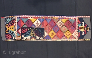 A very interesting example of Antique Uzbek Lakai Silk embroidered Napramach or mafrash panel dating to the 19th Cent. It is the front panel of rectangular shaped bags which would have had  ...