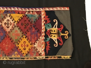 A very interesting example of Antique Uzbek Lakai Silk embroidered Napramach or mafrash panel dating to the 19th Cent. It is the front panel of rectangular shaped bags which would have had  ...