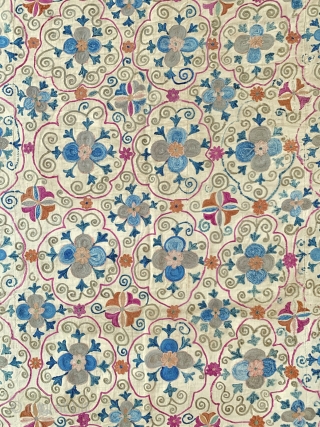 A majestic antique Uzbek silk suzani from 19th century Bukhara. This rare example boasts a magnificent and very elegant design. The lattice field contrasts beautifully with the intricately drawn free flowing floral  ...