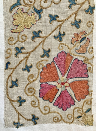 An outstanding  antique Uzbek Bukhara silk suzani fragment (stitched on a canvas ready to be mounted) dating to the mid 19th century. The embroidery is exceptional chain-stitched silk on karbos ground.  ...