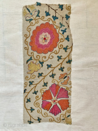 An outstanding  antique Uzbek Bukhara silk suzani fragment (stitched on a canvas ready to be mounted) dating to the mid 19th century. The embroidery is exceptional chain-stitched silk on karbos ground.  ...