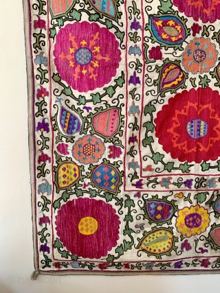 A fabulous and vibrant antique Uzbek silk embroidered suzani from Shahrisabz region dating between 1900- early 1920’s. It has beautiful chain stitch silk embroidery on a cotton ground fabric. The design is  ...